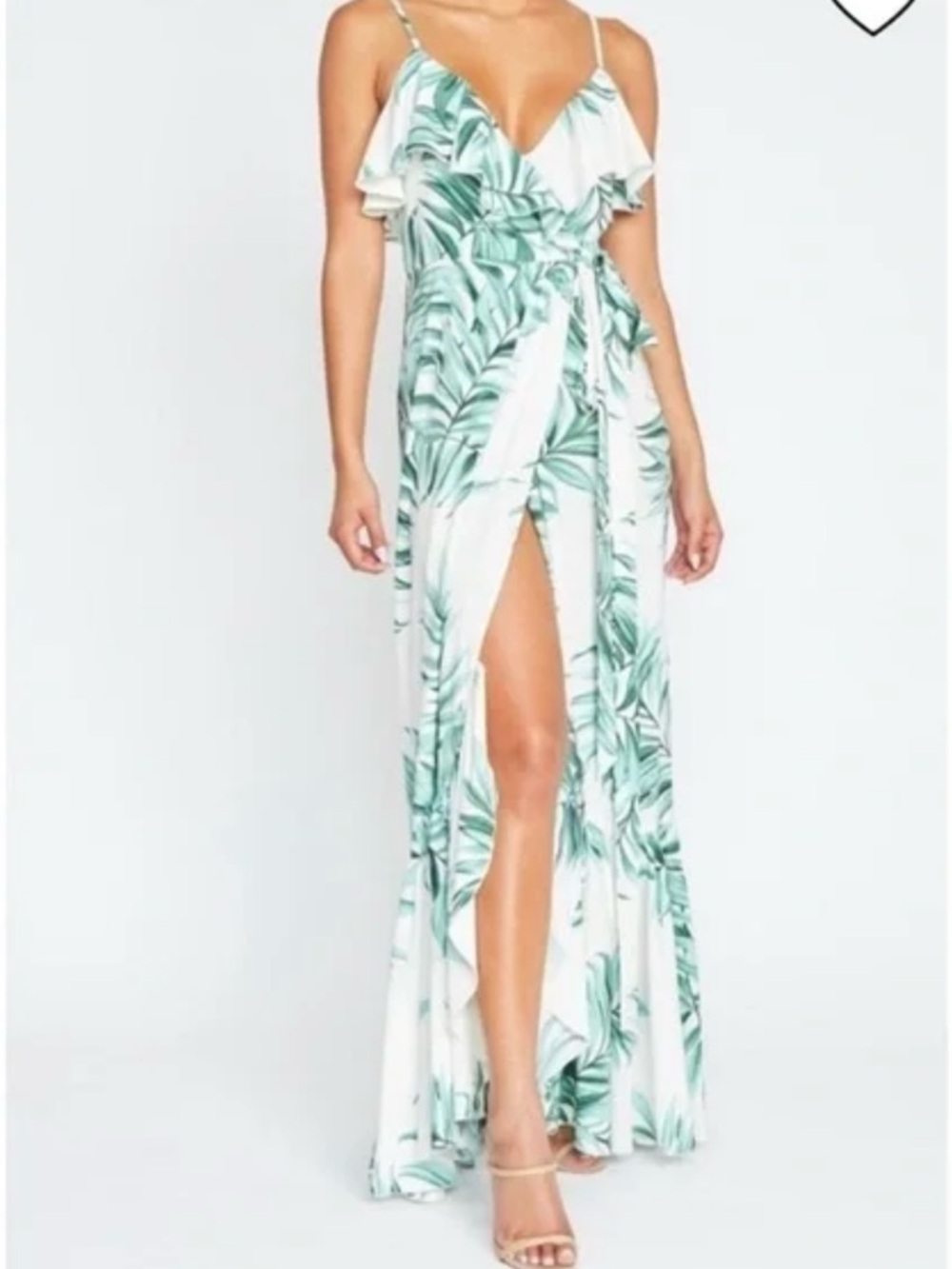 NEW Luxxel White and Green Tropical Maxi Dress with Side Slit